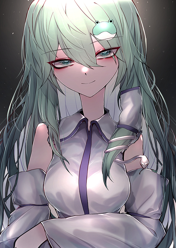 1girl 33_gaff black_background closed_mouth commentary detached_sleeves frog_hair_ornament green_eyes grey_hair hair_between_eyes hair_ornament kochiya_sanae long_hair looking_at_viewer smile snake_hair_ornament solo touhou upper_body
