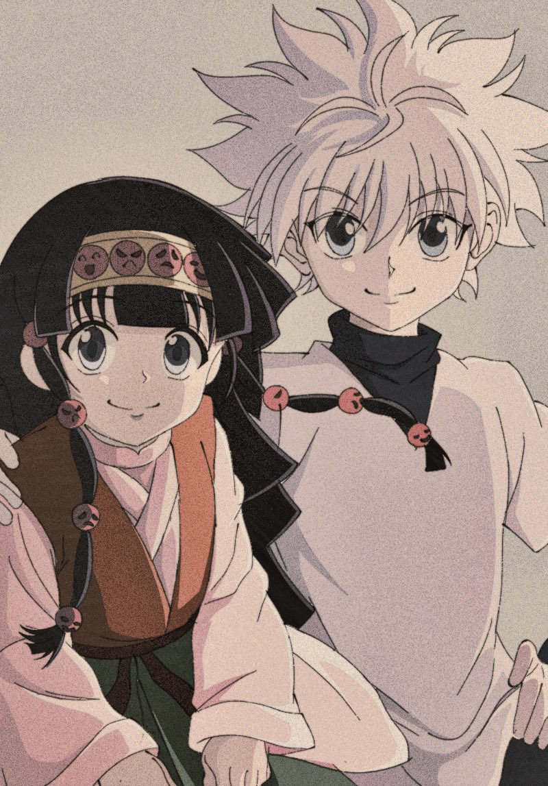 1boy 1other alluka_zoldyck androgynous arms_at_sides black_hair blue_eyes closed_mouth enoki_(gongindon) hand_on_another's_shoulder hunter_x_hunter killua_zoldyck layered_sleeves looking_at_viewer male_child muted_color siblings smile spiky_hair