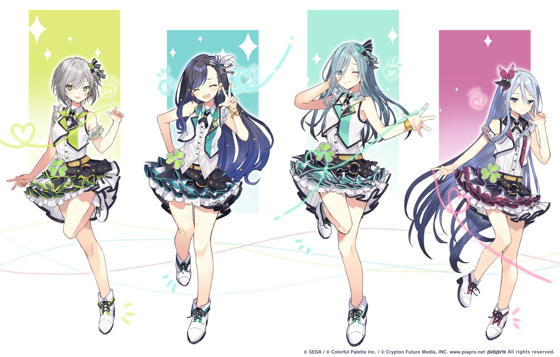 4girls ankle_boots april_fools arm_behind_head black_hair blue_eyes blue_hair boots bow bracelet closed_eyes closed_mouth commentary_request cross_tie facing_viewer full_body gradient_hair green_background grey_hair hair_between_eyes hair_bow happy_synthesizer_(vocaloid) heart hinomori_shiho hinomori_shizuku idol jewelry layered_skirt lineup long_hair looking_at_viewer miwasiba multicolored_bow multicolored_clothes multicolored_hair multicolored_skirt multiple_girls one_eye_closed open_mouth parted_lips project_sekai shiraishi_an shirt siblings sisters skirt sleeveless sleeveless_shirt smile sparkle standing standing_on_one_leg v very_long_hair vest w white_footwear white_hair white_shirt white_vest yoisaki_kanade