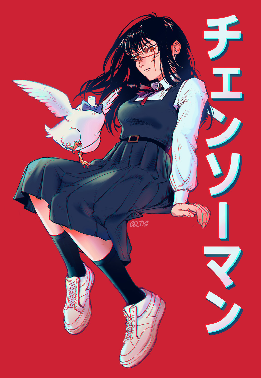 1girl artist_name black_hair black_socks blue_bow blue_bowtie bow bowtie bucky_(chainsaw_man) celtisart chainsaw_man cross_scar dress fourth_east_high_school_uniform headless highres invisible_chair long_hair looking_at_viewer neck_ribbon orange_eyes pinafore_dress red_background red_ribbon ribbon ringed_eyes scar scar_on_cheek scar_on_face school_uniform simple_background sitting sleeveless sleeveless_dress socks white_footwear yoru_(chainsaw_man)