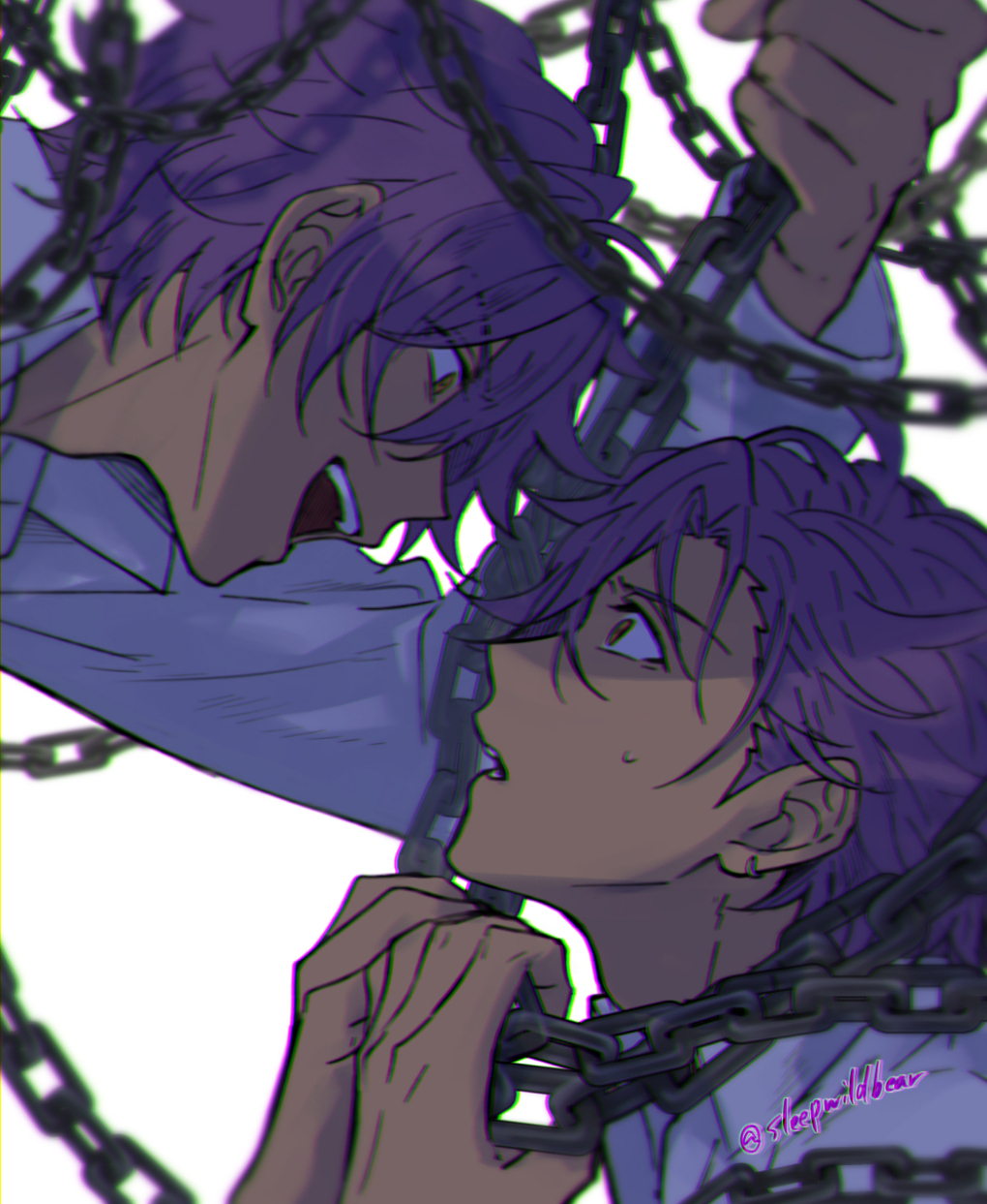 2boys artist_name chain chained commentary_request dark-skinned_male dark_skin dual_persona earrings ensemble_stars! evil_smile eye_contact hair_between_eyes hands_up highres jewelry long_sleeves looking_at_another male_focus multiple_boys open_mouth otogari_adonis parted_bangs profile purple_hair shirt short_hair sidelocks simple_background sleepwildbear smile sweatdrop teeth twitter_username upper_body upper_teeth_only v-shaped_eyebrows white_background white_shirt wide-eyed yellow_eyes