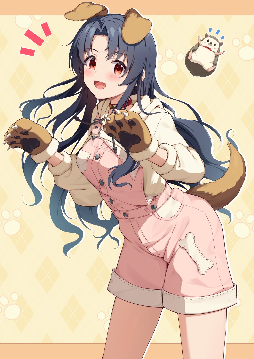 1girl animal_ears animal_hands black_hair blush bone_print breasts brown_background brown_eyes brown_gloves buttons collar commentary_request dog_ears dog_tail drawstring fake_animal_ears fake_tail gloves hands_up hedgehog highres hood hoodie idolmaster idolmaster_million_live! idolmaster_million_live!_theater_days long_hair long_sleeves looking_at_viewer medium_breasts miso_(misomiso_154) open_mouth overall_shorts overalls paw_gloves paw_print pink_overalls red_collar smile solo tail takayama_sayoko thighs wavy_hair white_hoodie