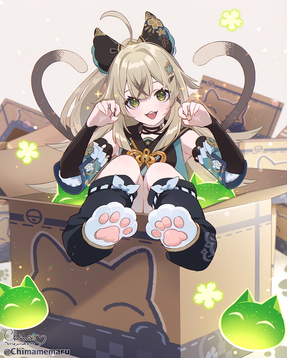 1girl :3 :d ^_^ ahoge animal_ear_fluff animal_ears animal_hands artist_name bare_shoulders bell black_choker black_socks blue_sleeves blush box bridal_gauntlets brown_hair cardboard_box cat_ears cat_girl cat_tail chimamemaru choker claw_pose closed_eyes detached_sleeves eyelashes flower_(symbol) fur_trim genshin_impact green_eyes grey_background hair_between_eyes hair_intakes hair_ornament hairclip hands_up highres in_box in_container japanese_clothes jingle_bell kirara_(genshin_impact) lens_flare light_particles long_hair looking_at_viewer loose_socks multiple_tails open_mouth pawpads short_sleeves sidelocks signature simple_background sitting smile socks solo sparkle tail teeth twitter_username upper_teeth_only watermark