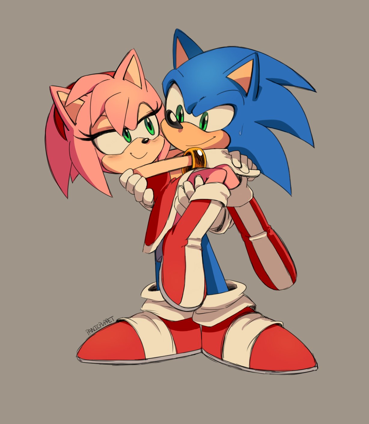 1boy 1girl amy_rose artist_name boots carrying furry furry_female furry_male gloves grey_background highres panic_puppet princess_carry red_footwear shoes simple_background sonic_(series) sonic_the_hedgehog two-tone_footwear white_footwear white_gloves