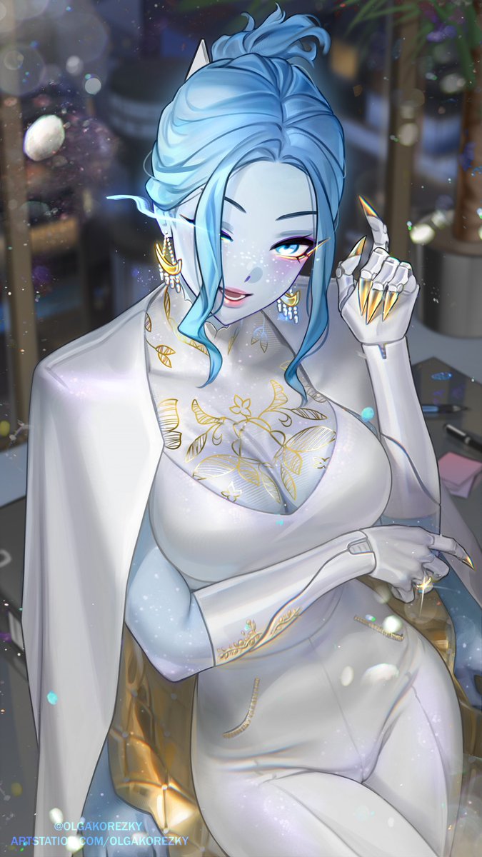 blue_eyes blue_hair blue_skin breasts claws cloak colored_skin costume cyberpunk earrings elden_ring extra_arms gold_nails highres jewelry large_breasts makeup mechanical_arms office_lady olga_korezky one_eye_closed pants ranni_the_witch ring thick_thighs thighs wedding_ring white_cloak white_pants