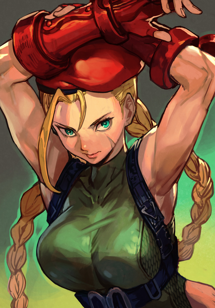 1girl ahoge armpits arms_up beret blonde_hair braid cammy_white chest_harness fingerless_gloves gloves green_eyes green_leotard hankuri harness hat huge_ahoge leotard long_hair scar scar_on_face solo street_fighter street_fighter_v twin_braids