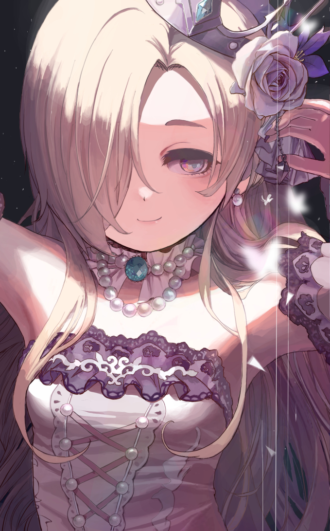 1girl alternate_hair_length alternate_hairstyle bare_shoulders blonde_hair breasts crown dark_background detached_collar detached_sleeves dress earrings flower grey_eyes hair_flower hair_ornament hair_over_one_eye idolmaster idolmaster_cinderella_girls jewelry kiichirou lace-trimmed_dress lace-trimmed_sleeves lace_trim light_particles long_hair looking_to_the_side necklace pearl_earrings pearl_necklace purple_dress rose shirasaka_koume small_breasts smile solo strapless strapless_dress tilted_headwear upper_body