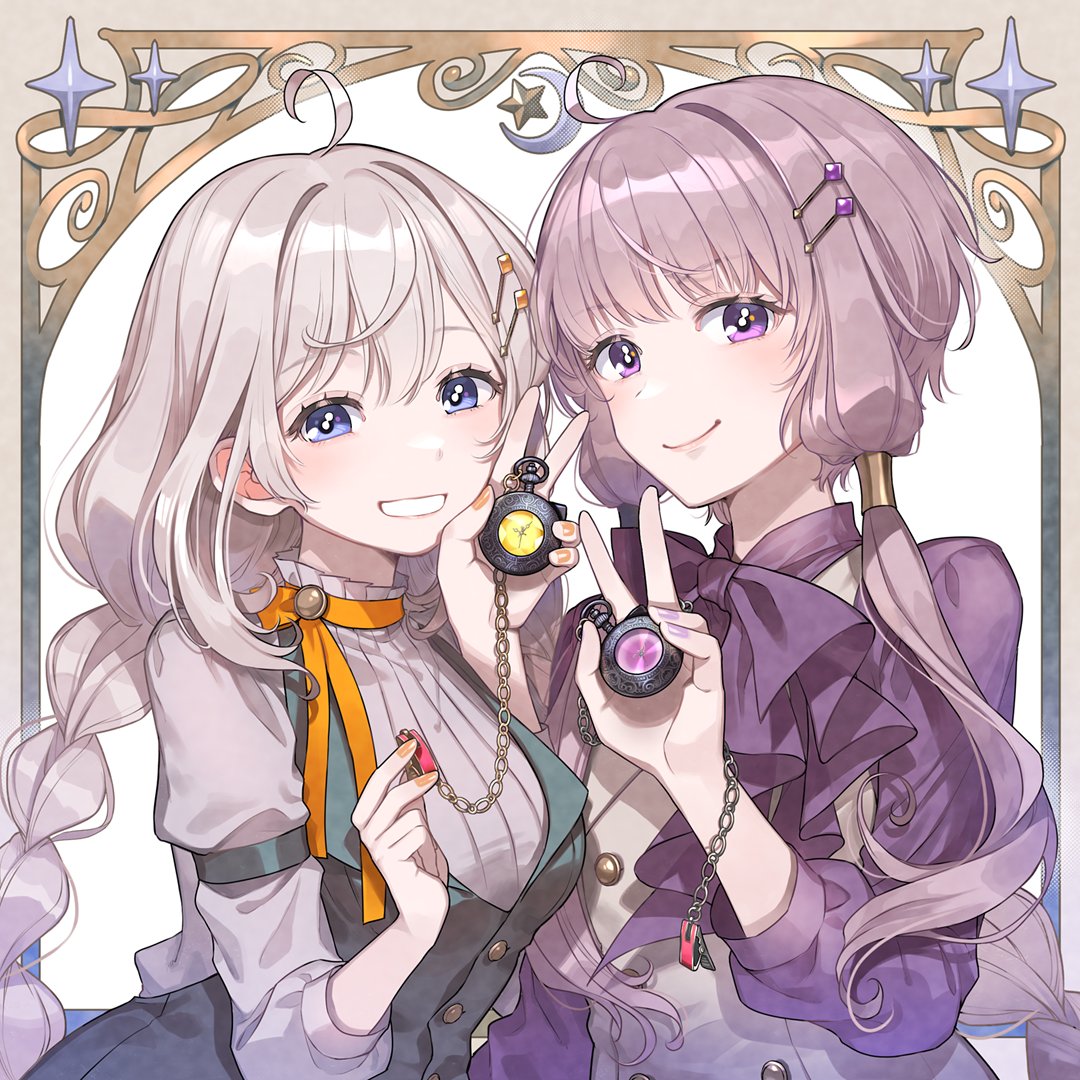 2girls ahoge alternate_costume bartender black_vest blue_eyes bow bowtie braid chain cherico closed_mouth collared_shirt commentary_request crescent framed grey_hair grin hair_ornament hair_tubes hairclip half-closed_eyes hand_up holding holding_pocket_watch kizuna_akari light_purple_hair long_hair looking_at_viewer multiple_girls neck_ribbon orange_nails orange_ribbon pocket_watch product_placement promotional_art purple_bow purple_bowtie purple_nails purple_shirt ribbed_shirt ribbon second-party_source shirt short_hair_with_long_locks side-by-side sleeve_garter sleeves_past_elbows smile star_(symbol) twin_braids twintails upper_body very_long_hair vest violet_eyes voiceroid watch white_background white_shirt white_vest yuzuki_yukari