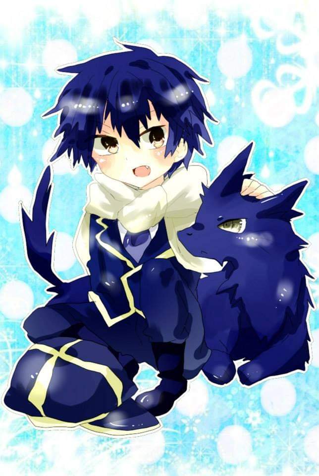 1boy black_hair blue_jacket brown_eyes cat chibi fanart fanart_from_pixiv fang jacket looking_at_viewer male_focus open_mouth scarf short_hair tagme tegami_bachi white_scarf zazie_winters