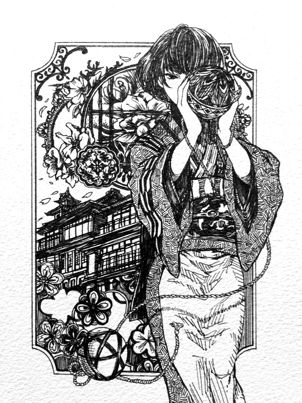 1girl ameishi ball ballpoint_pen_(medium) black_hair building covering_face flower framed greyscale hands_up holding holding_ball japanese_clothes kimono monochrome obi one_eye_covered original petals print_kimono sash short_hair solo standing traditional_media white_background wide_sleeves yukata