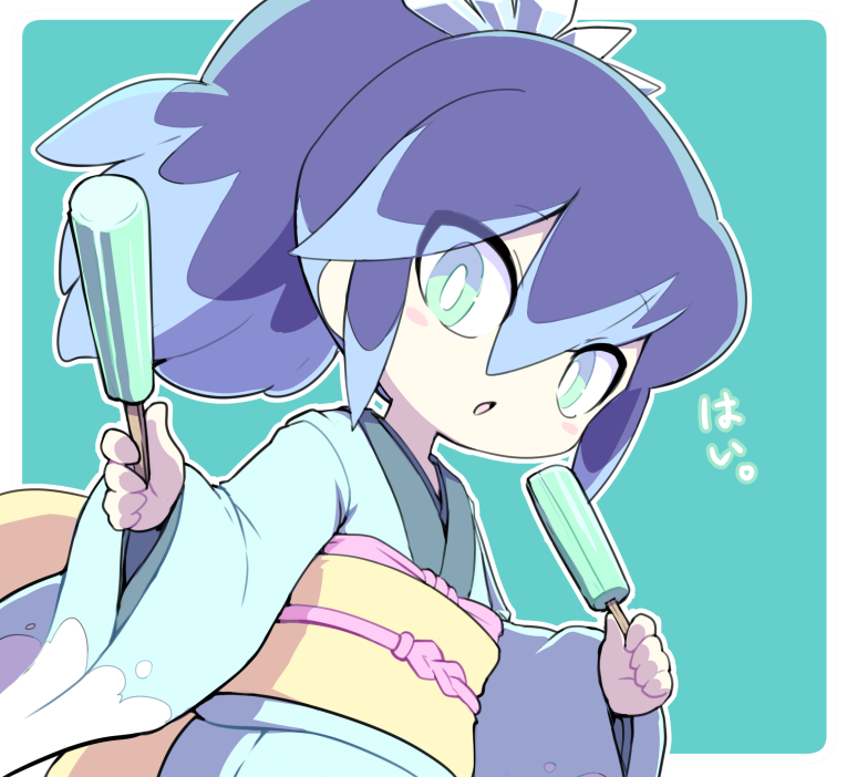 1girl blue_eyes blue_hair border bright_pupils fubukihime haramaki high_ponytail holding_popsicle japanese_clothes kimono long_hair multicolored_hair nollety open_mouth ponytail solo traditional_youkai translation_request two-tone_hair white_border white_pupils wide_sleeves youkai_watch yuki_onna