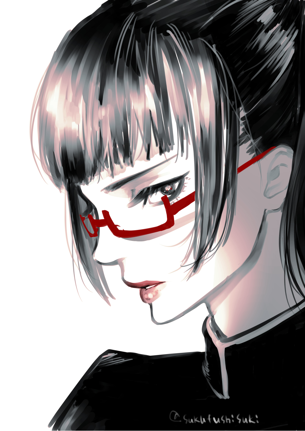 1girl black_hair commentary_request glasses hair_behind_ear highres jujutsu_kaisen jujutsu_tech_uniform long_hair long_sleeves looking_at_viewer makeup parted_lips ponytail portrait red_lips school_uniform simple_background solo twitter_username white_background youjo_(kurukuru9696) zen'in_maki