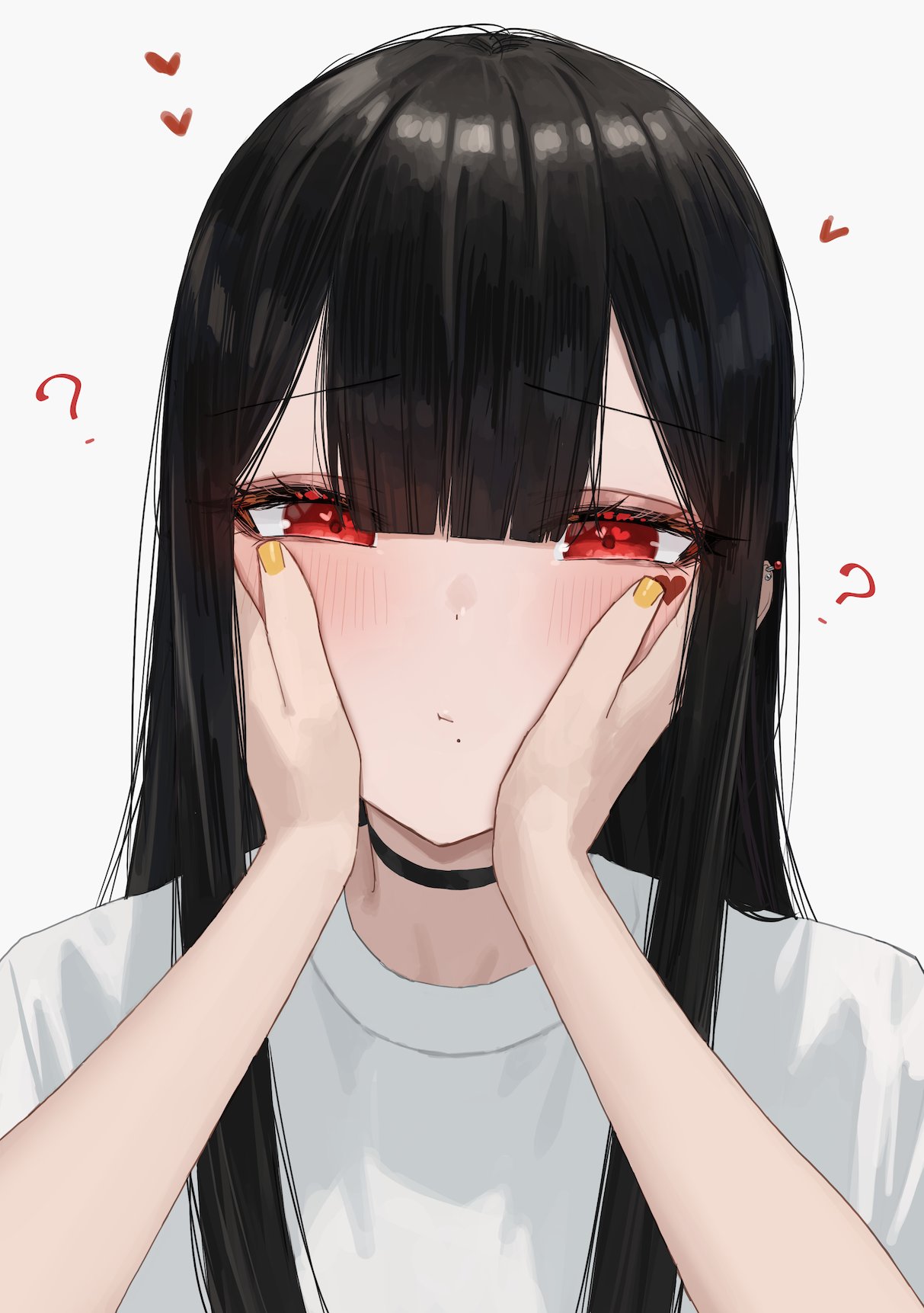 2girls ? black_choker black_hair blunt_bangs blush cheek_squash choker confused ear_piercing enokawa_kokoro facial_mark hands_on_another's_cheeks hands_on_another's_face hara_kenshi heart highres long_hair looking_at_viewer mole mole_under_mouth multiple_girls nail_polish original piercing portrait pov pov_hands red_eyes shirt simple_background solo_focus white_background white_shirt yellow_nails