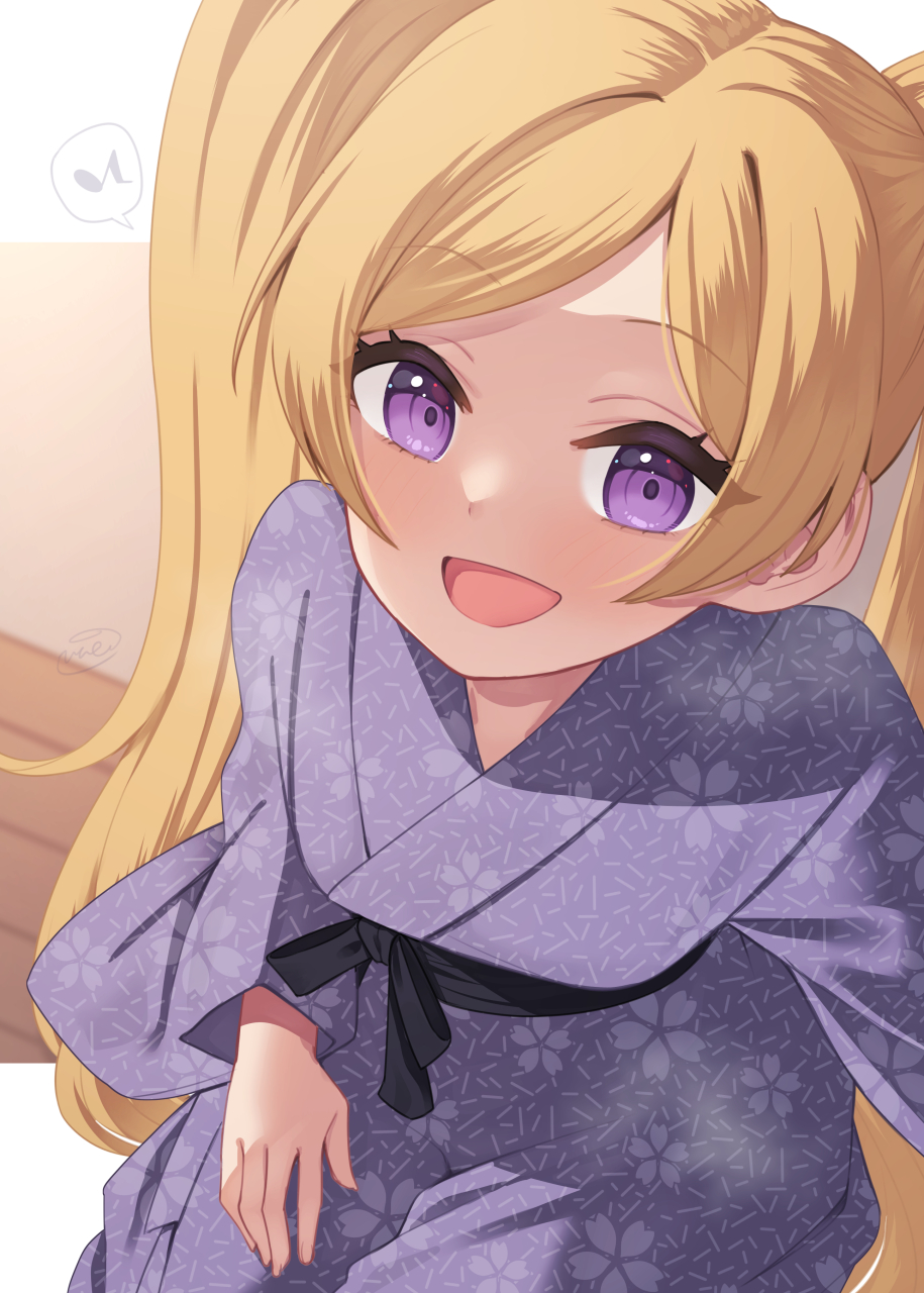 1girl :d binsen blonde_hair eighth_note emily_stewart floral_print highres idolmaster idolmaster_million_live! japanese_clothes kimono long_hair long_sleeves looking_at_viewer musical_note print_kimono purple_kimono sidelocks smile solo spoken_musical_note swept_bangs twintails very_long_hair violet_eyes