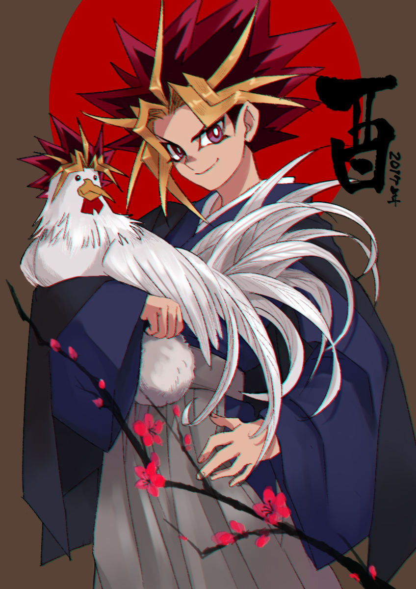 1boy 2017 animal bird branch bright_pupils brown_background chicken commentary da_huang dated_commentary fingernails flower hakama highres holding holding_animal holding_bird japanese_clothes kanji male_focus multicolored_hair new_year plum_blossoms red_sun smile solo spiky_hair violet_eyes white_pupils yami_yuugi yu-gi-oh!
