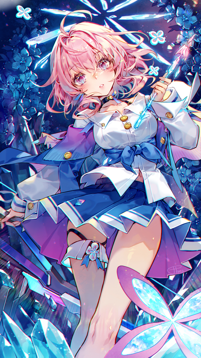 1girl arrow_(projectile) black_choker blue_jacket blue_skirt bow_(weapon) breasts buttons choker collarbone collared_shirt flower flower_ornament gradient_eyes halo halter_shirt halterneck hieihirai highres holding holding_arrow holding_bow_(weapon) holding_weapon honkai:_star_rail honkai_(series) ice_shard jacket march_7th_(honkai:_star_rail) medium_breasts medium_hair midriff_peek multicolored_eyes pink_hair shirt skirt solo thigh_strap thighs tied_jacket two-tone_eyes weapon white_sleeves