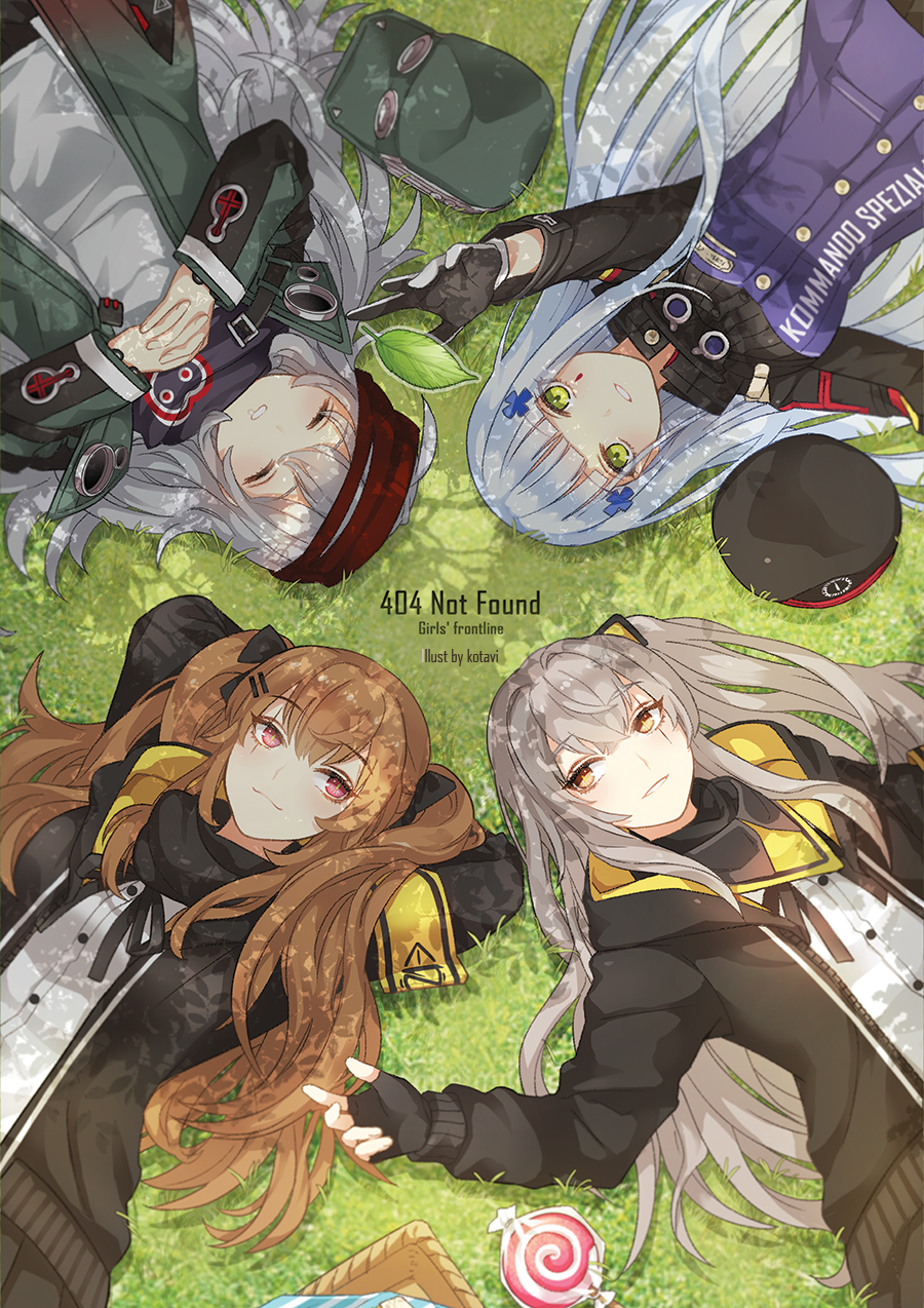 404_(girls'_frontline) 4girls aqua_hair artist_name beret blunt_bangs breasts brown_eyes brown_hair circle_formation commentary_request facial_tattoo fingerless_gloves g11_(girls'_frontline) girls_frontline gloves green_eyes grey_hair hair_between_eyes hair_ornament hair_ribbon hairclip hat headwear_removed highres hk416_(girls'_frontline) kotavi long_hair lying military_jacket multiple_girls on_back one_side_up red_eyes ribbon scar scar_across_eye scar_on_face shirt sleeping smile tattoo teardrop teardrop_tattoo twintails ump45_(girls'_frontline) ump9_(girls'_frontline)