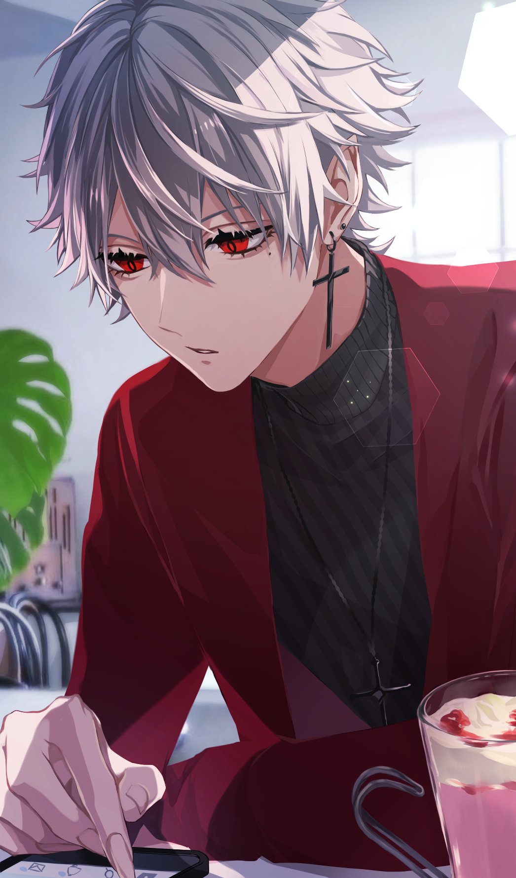 1boy black_sweater blurry blurry_background cellphone commentary_request cross cross_earrings cross_necklace cup earrings expressionless eyelashes fingernails hair_between_eyes highres indoors jacket jewelry kuzuha_(nijisanji) lens_flare long_fingernails long_sleeves looking_away looking_down male_focus mole mole_under_eye necklace nijisanji open_clothes open_jacket parfait parted_lips phone plant pointy_ears red_eyes red_jacket short_hair smartphone soiya_(soiyaaaaaa2) solo stud_earrings sweater turtleneck turtleneck_sweater upper_body virtual_youtuber white_hair window
