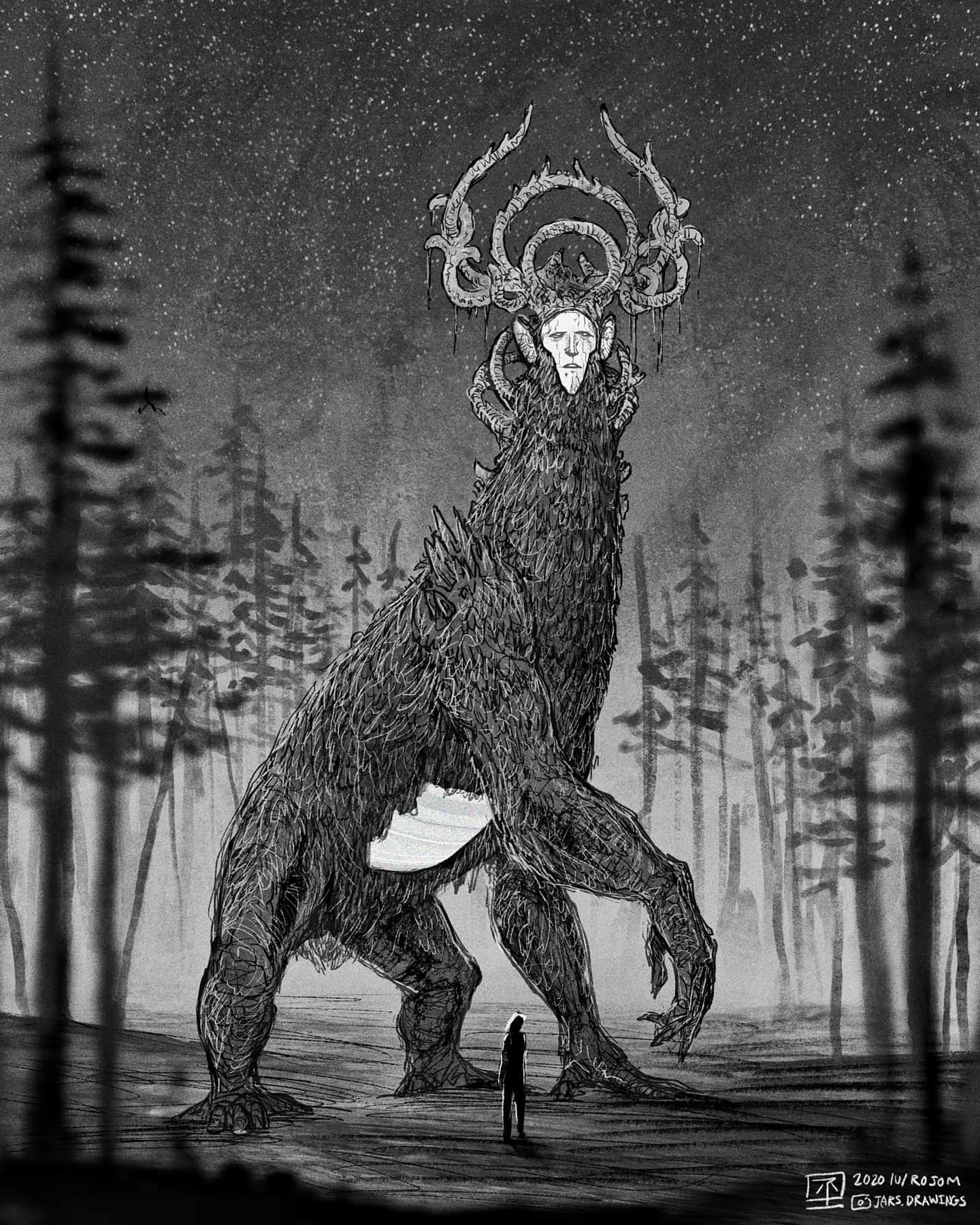 1girl 2020 artist_name commentary dated divine_entity english_commentary graphite_(medium) greyscale highres horns horror_(theme) instagram_logo instagram_username jr_(jarsarts) monochrome shoulder_spikes silhouette sketch sky spikes star_(sky) starry_sky static teletubbies television traditional_media tree