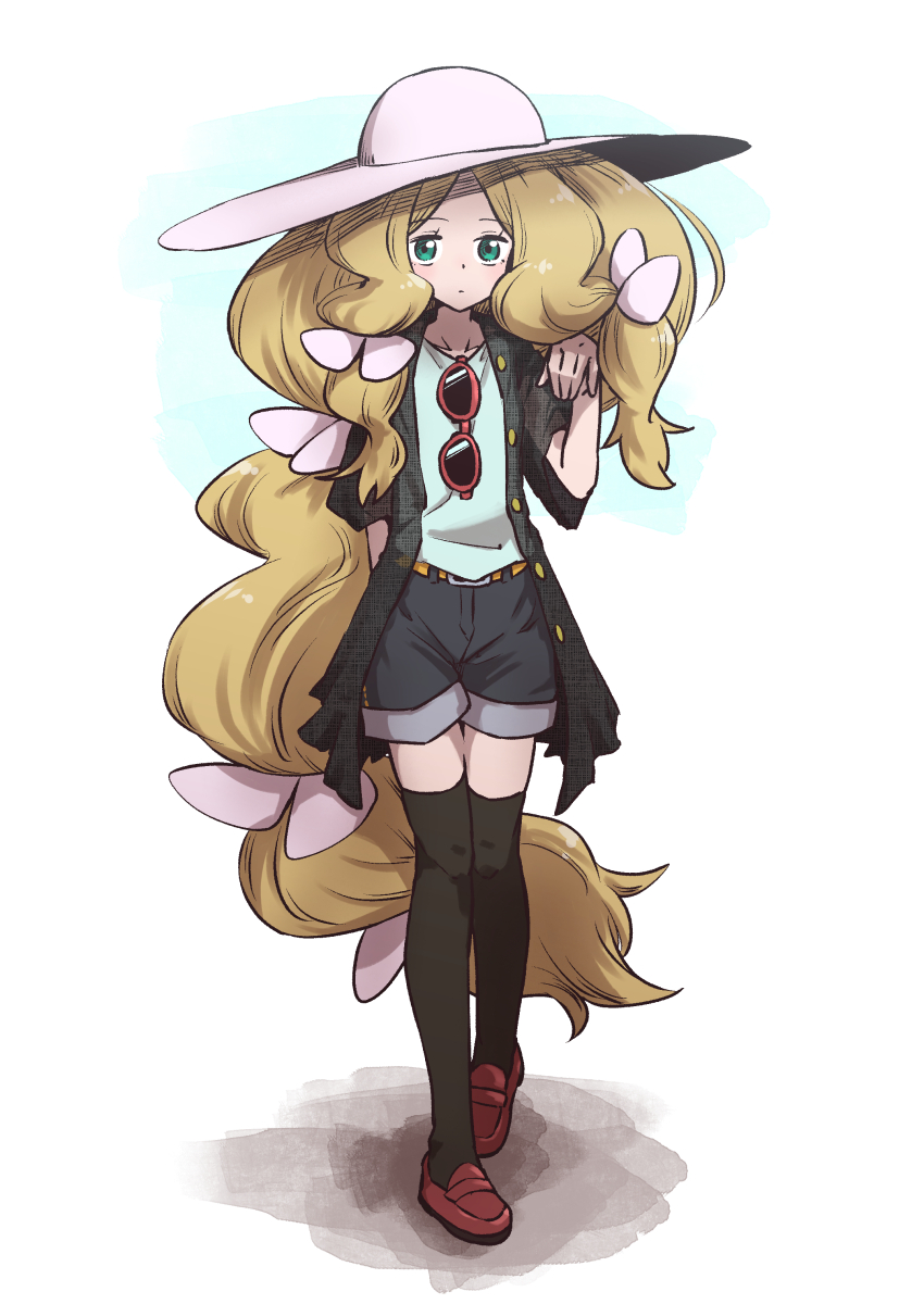1girl alternate_costume belt blonde_hair brown_footwear buttons caitlin_(pokemon) closed_mouth coat commentary_request eyelashes eyewear_hang eyewear_removed full_body green_eyes hair_ribbon hand_up hat highres kotobukkii_(yt_lvlv) long_hair looking_at_viewer multi-tied_hair open_clothes open_coat parted_bangs pokemon pokemon_(game) pokemon_bw ribbon shirt shoes shorts solo standing sun_hat sunglasses thigh-highs very_long_hair