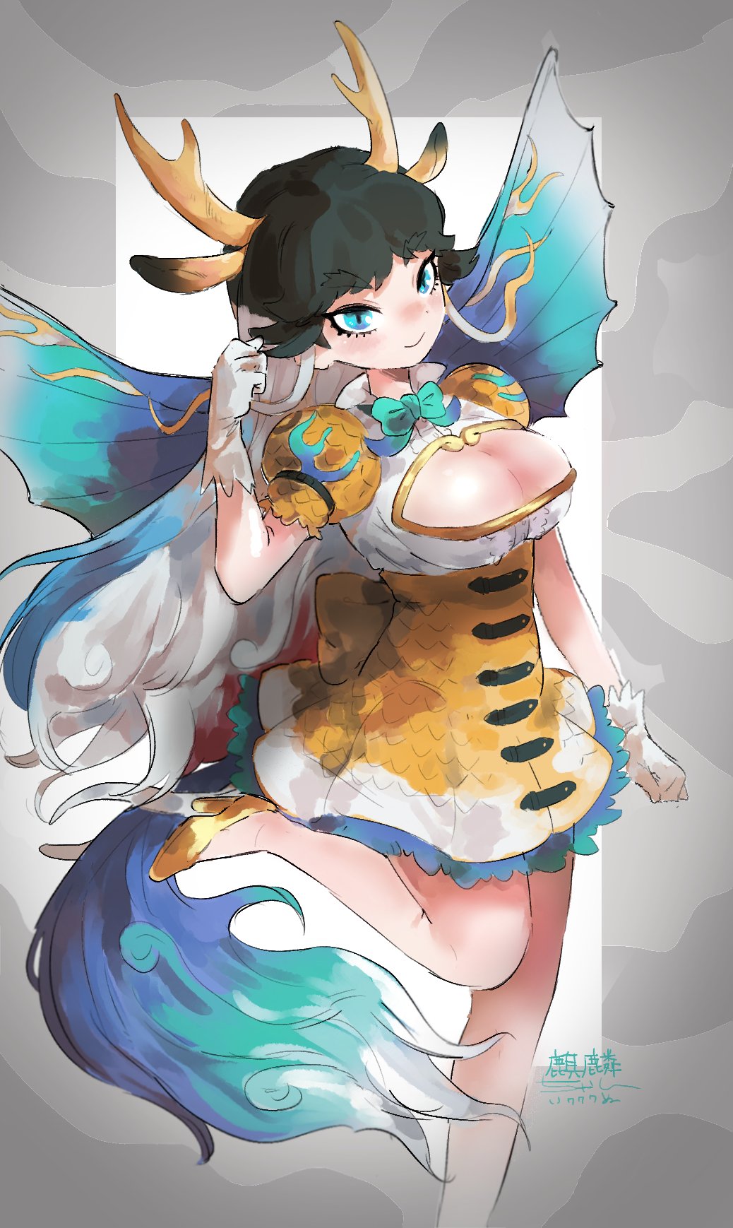 1girl animal_ears back_bow black_hair blonde_hair blue_bow blue_bowtie blue_eyes blue_hair bow bowtie breast_cutout collared_shirt colored_skin frilled_skirt frills giraffe_ears giraffe_girl giraffe_horns giraffe_tail high-waist_skirt high_heels highres horns inu_(user_arjr4358) kemono_friends kemono_friends_3 kirin_(kemono_friends) multicolored_hair multicolored_skin puffy_short_sleeves puffy_sleeves scales shirt short_sleeves sidelocks skirt solo standing standing_on_one_leg tail two-tone_skin white_hair white_shirt wings yellow_footwear yellow_shirt yellow_skirt