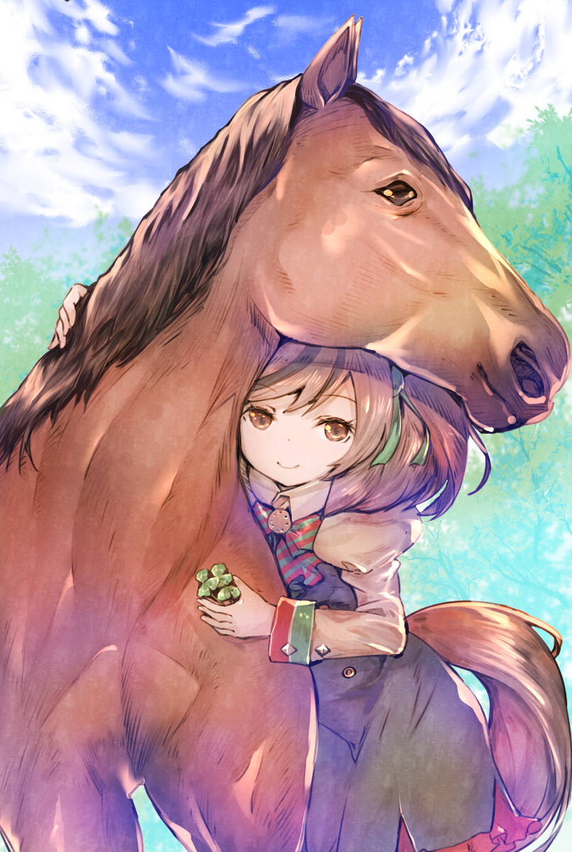 1girl 1other animal_ears brown_hair clover clover_(flower) creature_and_personification flower highres horse horse_ears horse_girl horse_tail nice_nature_(racehorse) nice_nature_(umamusume) plant tail umamusume
