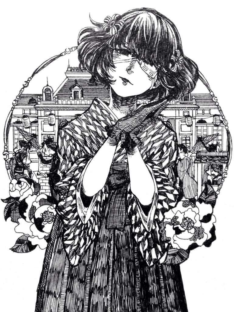 1girl ameishi ballpoint_pen_(medium) black_hair building eyepatch flower greyscale hair_ornament hands_up hanging_lantern holding holding_umbrella japanese_clothes kimono lantern looking_at_viewer mask medical_eyepatch monochrome one_eye_covered original own_hands_together paper_lantern road short_hair solo standing street traditional_media umbrella wavy_hair white_background wide_sleeves yagasuri