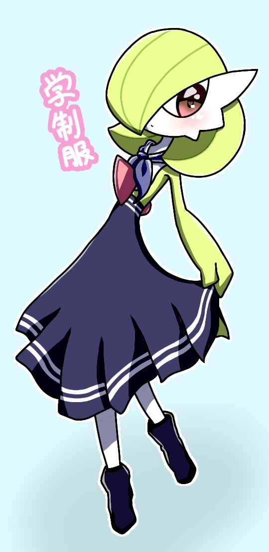 1girl arm_behind_back blue_background blue_dress blue_footwear blue_neckerchief blush bob_cut boots closed_mouth clothed_pokemon clothes_lift colored_skin commentary_request dress flat_chest full_body gardevoir green_hair green_skin hair_over_one_eye heart heart_in_eye high-waist_skirt lifted_by_self long_skirt looking_to_the_side multicolored_skin neckerchief one_eye_covered outline pleated_dress pokemon pokemon_(creature) red_eyes short_hair simple_background skirt skirt_lift solo standing symbol_in_eye two-tone_skin white_outline white_skin yuri_(pixiv_76483886)