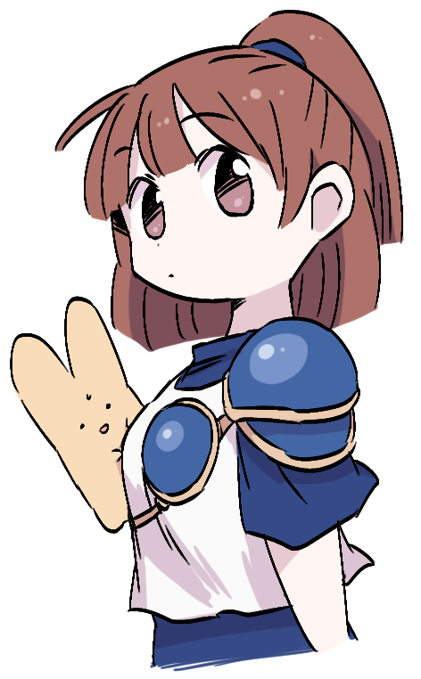 1girl arle_nadja armor blue_shirt brown_eyes brown_hair carbuncle_(puyopuyo) dokan_(dkn) dot_mouth dot_nose high_ponytail layered_clothes madou_monogatari ponytail puyopuyo shirt short_hair shoulder_armor simple_background solo_focus upper_body white_background white_shirt