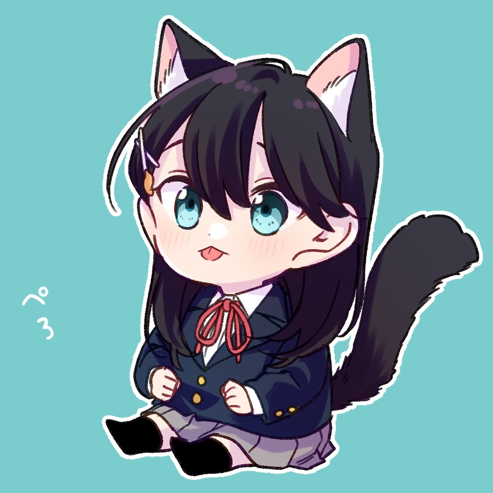 15kasikaze15 1girl animal_ear_fluff animal_ears black_hair black_socks blue_background blue_eyes blue_jacket blush cat_day cat_ears cat_girl cat_tail chibi collared_shirt commentary_request full_body grey_skirt hair_between_eyes hair_ornament hairclip jacket kemonomimi_mode lonely_girl_ni_sakaraenai long_hair long_sleeves making-of_available neck_ribbon outline pleated_skirt red_ribbon ribbon sakurai_ayaka_(lonely_girl_ni_sakaraenai) school_uniform shirt simple_background skirt socks solo tail tongue tongue_out white_outline white_shirt