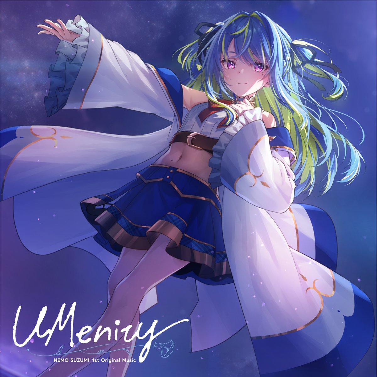 1girl album_cover artist_request blue_hair bow bowtie cover crop_top gold_trim green_hair highres jacket long_hair midriff multicolored_hair nanashi_inc. navel off-shoulder_jacket off_shoulder official_art open_clothes open_jacket red_bow red_bowtie smile solo suzumi_nemo two_side_up violet_eyes virtual_youtuber white_jacket wide_sleeves