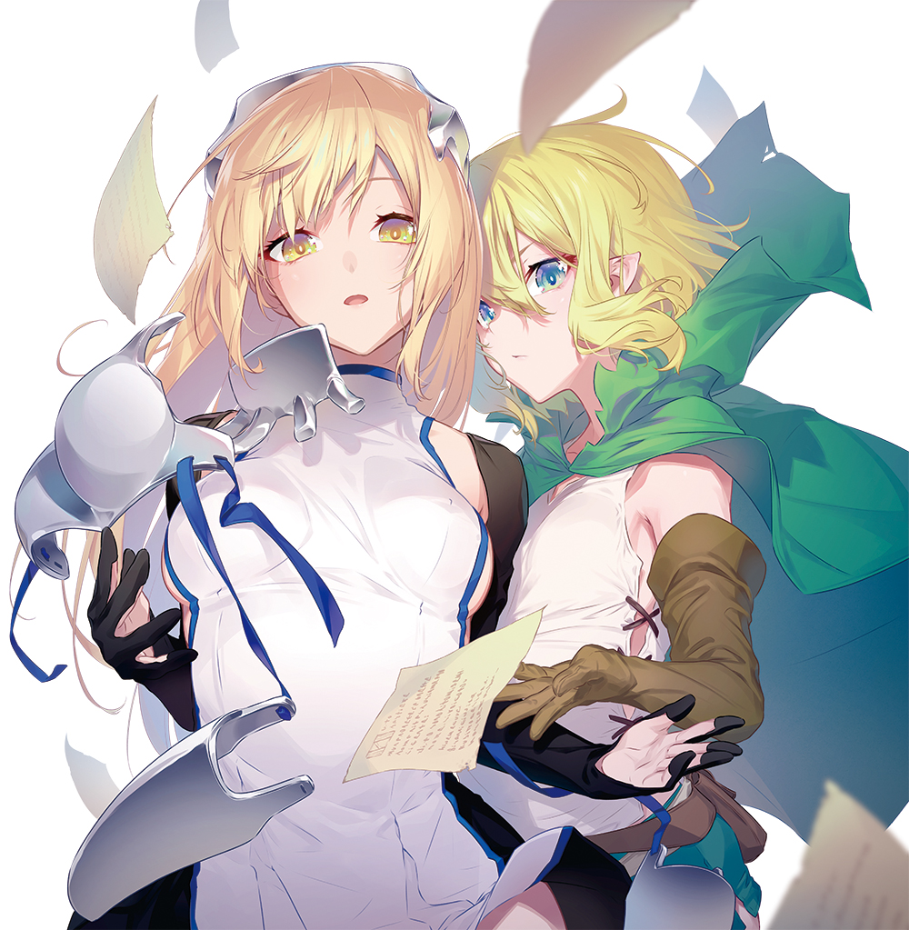 2girls aiz_wallenstein armor black_gloves blonde_hair blue_eyes breasts brown_gloves buruma cloak dress dungeon_ni_deai_wo_motomeru_no_wa_machigatteiru_darou_ka elbow_gloves elf flying_paper fujinoomori gloves green_buruma green_cloak green_shorts hair_between_eyes headgear hood hooded_cloak long_hair multiple_girls open_mouth paper pointy_ears ryu_lion shirt short_dress short_hair shorts sleeveless sleeveless_dress upper_body white_background white_dress white_shirt yellow_eyes