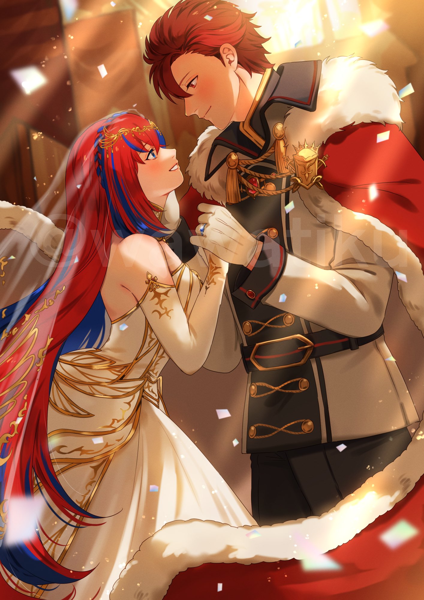 1boy 1girl alear_(female)_(fire_emblem) alear_(fire_emblem) alternate_costume blue_eyes blue_hair blush braid bridal_veil bride cape crossed_bangs crown_braid dark_red_hair diamant_(fire_emblem) dress fire_emblem fire_emblem_engage fur_trim gloves groom highres husband_and_wife jewelry long_hair multicolored_hair red_eyes redhead ring short_hair smile split-color_hair strapless strapless_dress tiara two-tone_hair veil very_long_hair wawatiku wedding wedding_dress wedding_ring white_dress white_gloves