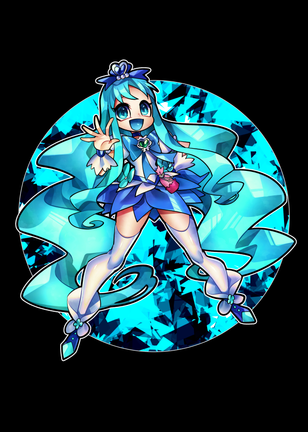 1girl absurdly_long_hair aqua_eyes aqua_hair black_background blue_bow blue_dress blue_eyes blue_hair boots bow brooch commentary_request crystal cure_marine dress earrings flower full_body hair_ornament hairclip heart heart_brooch heart_hair_ornament heartcatch_precure! jewelry kurumi_erika long_hair looking_at_viewer magical_girl multicolored_clothes multicolored_dress open_mouth petite precure senmu_(0107) sidelocks simple_background smile solo thigh-highs thighhighs_under_boots twintails very_long_hair waving white_dress white_thighhighs wrist_cuffs zettai_ryouiki