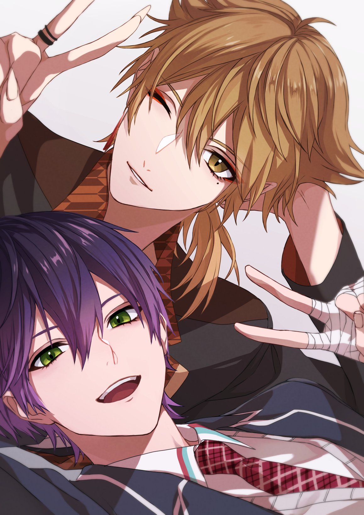 2boys :d bandaged_hand bandages black_hair black_jacket brown_eyes brown_hair collared_shirt commentary_request eyeshadow fingernails fushimi_gaku gradient_hair green_eyes hair_between_eyes hand_up hands_up head_rest highres jacket jewelry kenmochi_touya long_fingernails long_hair long_sleeves looking_at_viewer makeup male_focus mole mole_under_eye multicolored_hair multiple_boys necktie nijisanji one_eye_closed open_clothes open_jacket open_mouth parted_lips plaid plaid_necktie pointy_ears purple_hair red_eyeshadow red_necktie ring sharp_fingernails shirt short_hair simple_background smile soiya_(soiyaaaaaa2) teeth upper_body upper_teeth_only v virtual_youtuber white_background white_shirt wing_collar yagasuri