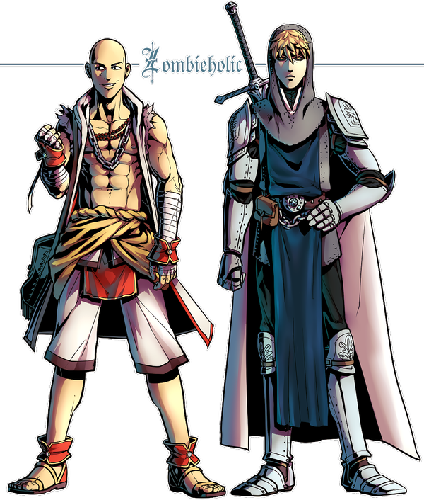 2boys abs alternate_costume arm_up armor artist_name bald bandaged_arm bandages bare_arms black_sclera blonde_hair cape chain_necklace clenched_hand closed_mouth clothes_around_waist colored_sclera genos grin hand_on_own_hip jewelry knight loincloth looking_to_the_side multiple_boys muscular muscular_male necklace one-punch_man open_clothes saitama_(one-punch_man) short_hair shoulder_armor simple_background smile standing sword sword_behind_back third-party_source weapon zombieholic
