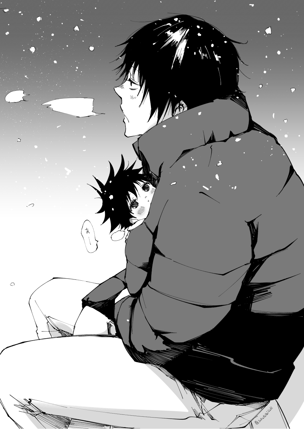 2boys aged_down baby blush closed_mouth commentary_request father_and_son fushiguro_megumi fushiguro_touji highres jujutsu_kaisen long_sleeves looking_to_the_side male_focus monochrome multiple_boys pants short_hair sitting snow spiky_hair winter winter_clothes youjo_(kurukuru9696)