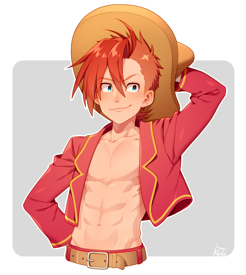 1boy abs adjusting_clothes adjusting_headwear belt blue_eyes border brown_belt brown_hair collarbone earrings hair_between_eyes hat jewelry kiri_futoshi long_sleeves male_focus open_clothes open_shirt panchito_pistoles personification red_shirt redhead shirt short_hair smile solo sombrero the_three_caballeros white_border