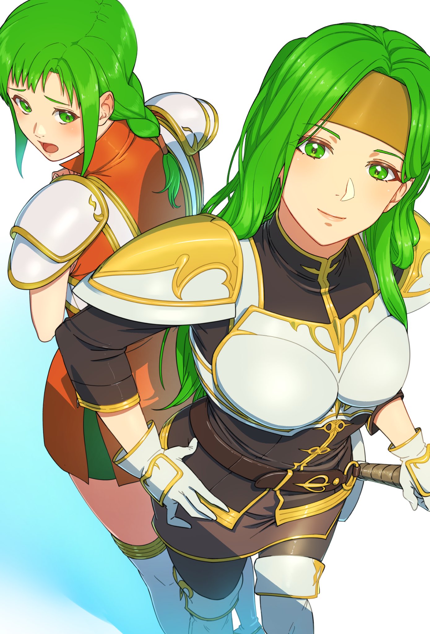 2girls aduti_momoyama armor back-to-back belt black_pantyhose boobplate boots braid breasts brown_belt brown_headband brown_skirt closed_mouth dress fire_emblem fire_emblem:_the_sacred_stones furrowed_brow gloves gold_trim green_eyes green_hair hand_on_own_hip headband high_collar highres long_hair looking_at_another looking_at_viewer looking_back medium_breasts multiple_girls o-ring o-ring_belt open_mouth orange_dress pantyhose pauldrons pegasus_knight_uniform_(fire_emblem) pink_lips polearm short_dress shoulder_armor siblings simple_background single_braid sisters skirt smile spear standing syrene_(fire_emblem) thigh-highs thigh_boots vanessa_(fire_emblem) weapon white_armor white_background white_gloves white_thighhighs