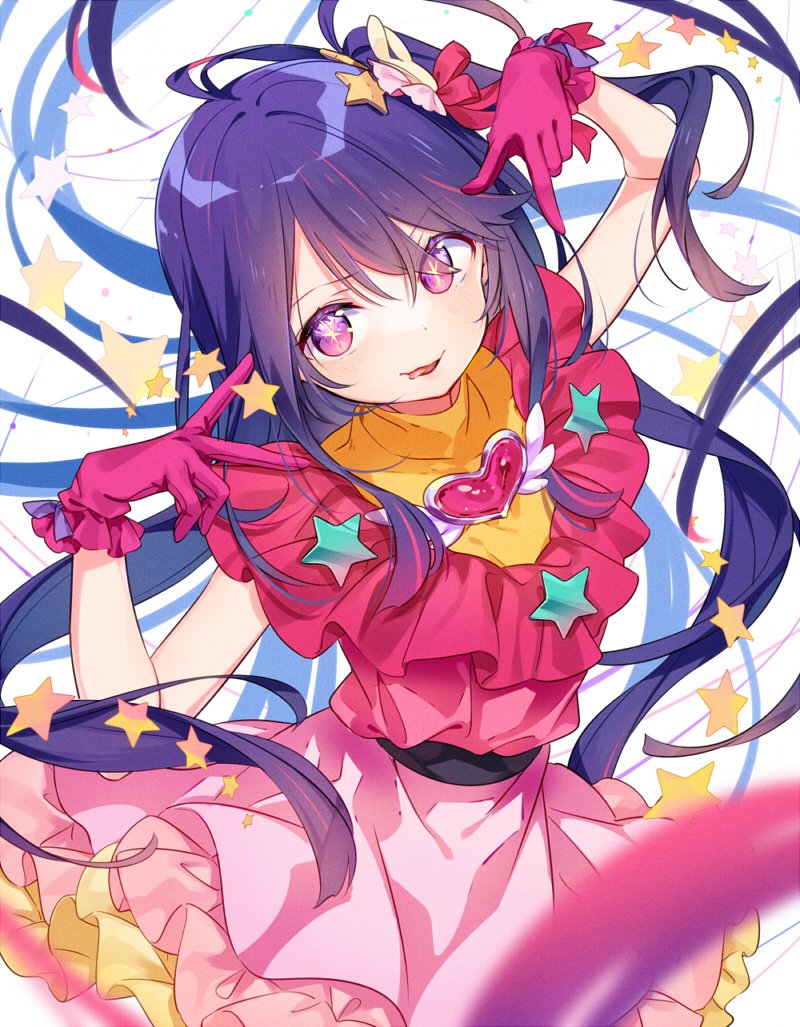 1girl brooch commentary double_v dress frilled_dress frilled_gloves frills gloves hair_between_eyes hair_ornament heart heart_brooch hoshino_ai's_pose hoshino_ai_(oshi_no_ko) idol idol_clothes jewelry kiya_machi long_hair one_side_up oshi_no_ko pink_dress pink_gloves purple_hair rabbit_hair_ornament sleeveless sleeveless_dress solo star-shaped_pupils star_(symbol) star_hair_ornament swept_bangs symbol-shaped_pupils turtleneck_dress v violet_eyes