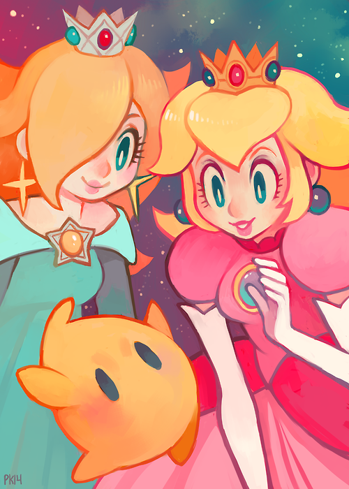 2girls blue_dress blue_eyes bright_pupils crown dress earrings elbow_gloves english_commentary eyelashes glitchedpuppet gloves hair_over_one_eye jewelry lipstick luma_(mario) makeup multiple_girls parted_lips pink_dress princess princess_peach rosalina sky smile star_(sky) starry_sky super_mario_bros. super_mario_galaxy white_pupils