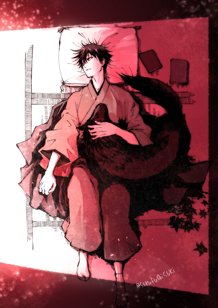 1boy book closed_mouth commentary_request dog full_body fushiguro_megumi hair_between_eyes highres indoors jujutsu_kaisen long_sleeves looking_away lying male_focus on_back pillow short_hair spiky_hair twitter_username wide_sleeves youjo_(kurukuru9696)