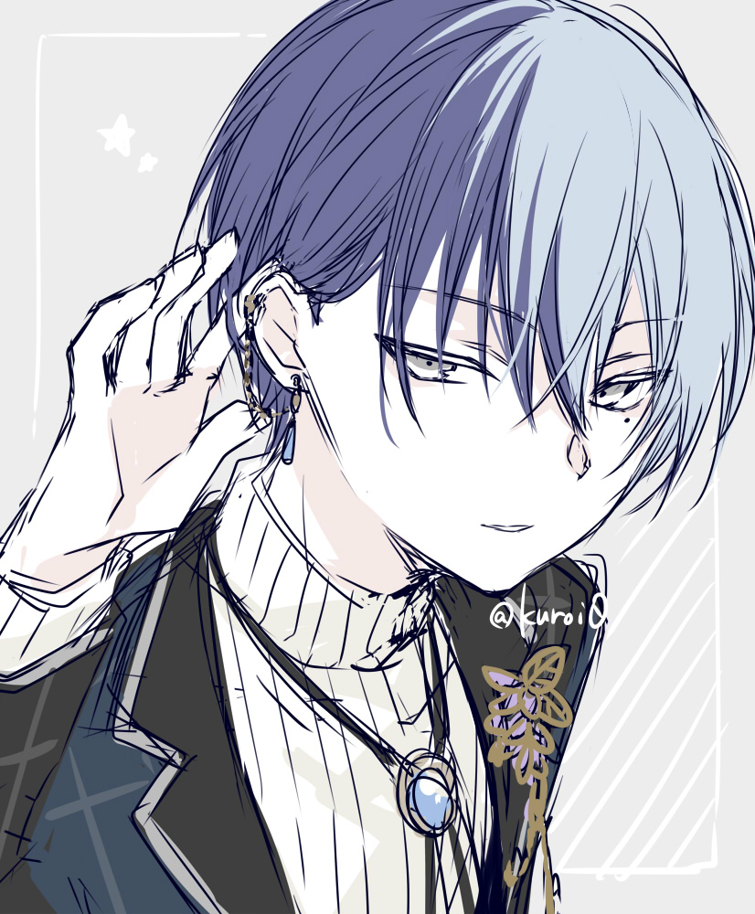 1boy aoyagi_touya blue_hair commentary dark_blue_hair ear_piercing earrings grey_eyes hair_between_eyes jewelry kuroi_(liar-player) lanyard lapels long_sleeves male_focus mole mole_under_eye multicolored_hair parted_lips piercing project_sekai short_hair solo star_(symbol) turtleneck twitter_username two-tone_hair