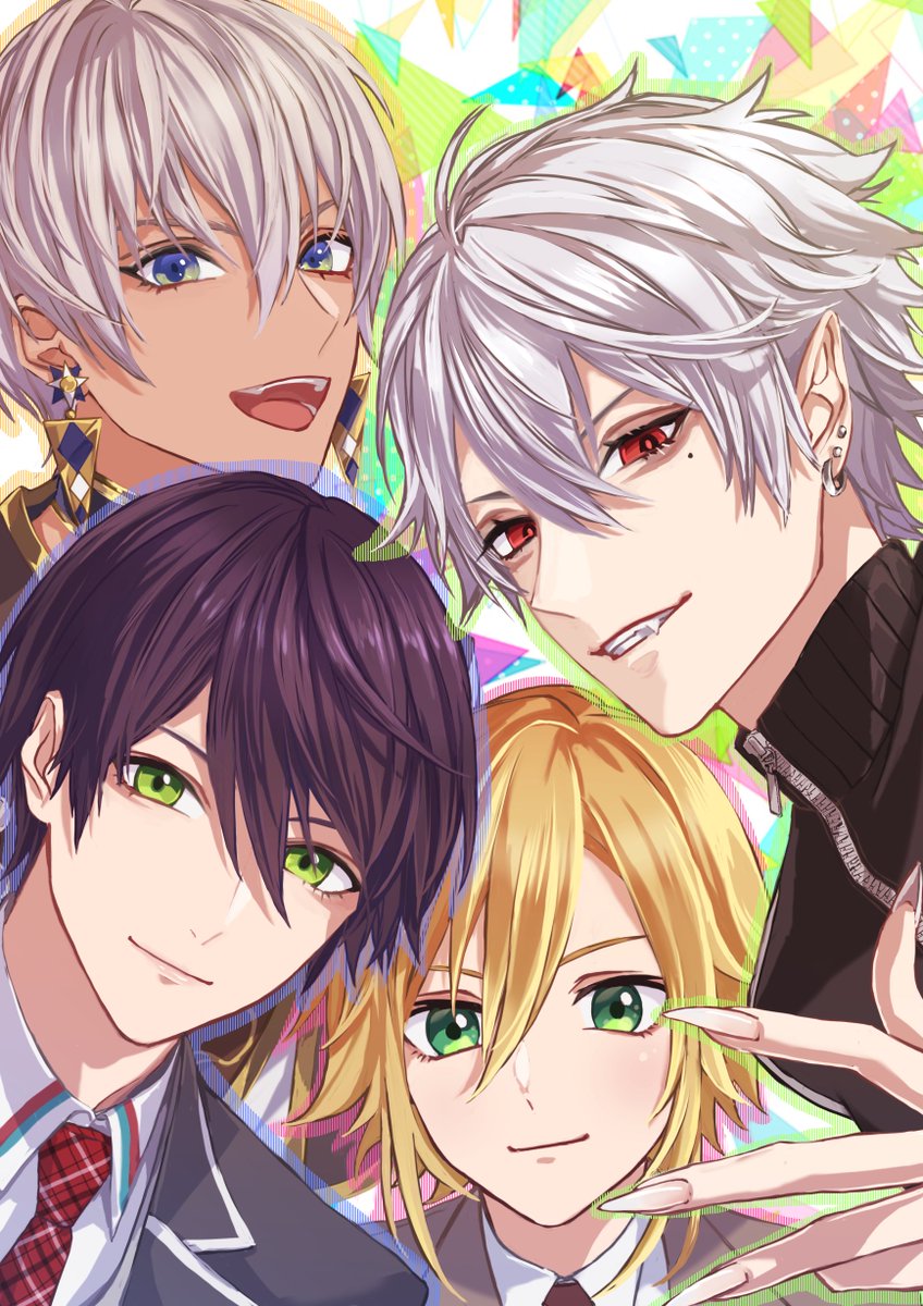 4boys black_jacket blonde_hair blue_eyes closed_mouth collared_shirt commentary_request dark-skinned_male dark_skin ear_piercing earrings eyelashes fang fingernails green_eyes grin hair_between_eyes hand_up highres ibrahim_(nijisanji) jacket jewelry kenmochi_touya kuzuha_(nijisanji) lapels long_fingernails looking_at_viewer male_focus mole mole_under_eye multicolored_background multicolored_eyes multiple_boys necktie nijisanji open_clothes open_jacket piercing plaid plaid_necktie pointy_ears purple_hair red_eyes red_necktie school_uniform sharp_fingernails shirt short_hair sidelocks simple_background smile soiya_(soiyaaaaaa2) teeth tongue track_jacket triangle turtleneck upper_body uzuki_kou virtual_youtuber white_hair white_shirt wing_collar zipper zipper_pull_tab