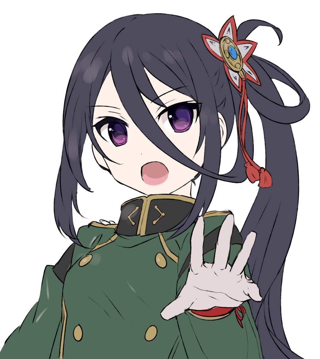 1girl black_hair buttons double-breasted gloves hair_between_eyes hair_ornament hand_up military military_uniform onasu_(sawagani) open_hand open_mouth shichiseiken_(tenka_hyakken) side_ponytail sidelocks solo star_(symbol) tenka_hyakken uniform v-shaped_eyebrows violet_eyes white_background white_gloves
