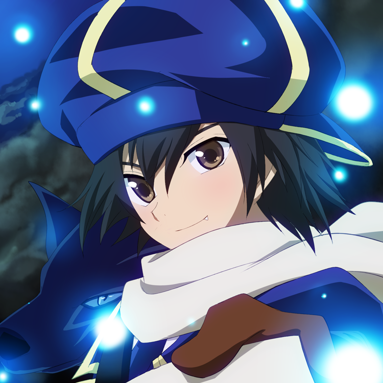 1boy black_hair blue_headwear blue_jacket brown_eyes bust cat fanart fang hat holding_object jacket looking_at_viewer male_focus pixiv_id_317940 scarf short_hair solo tegami_bachi white_scarf zazie_winters