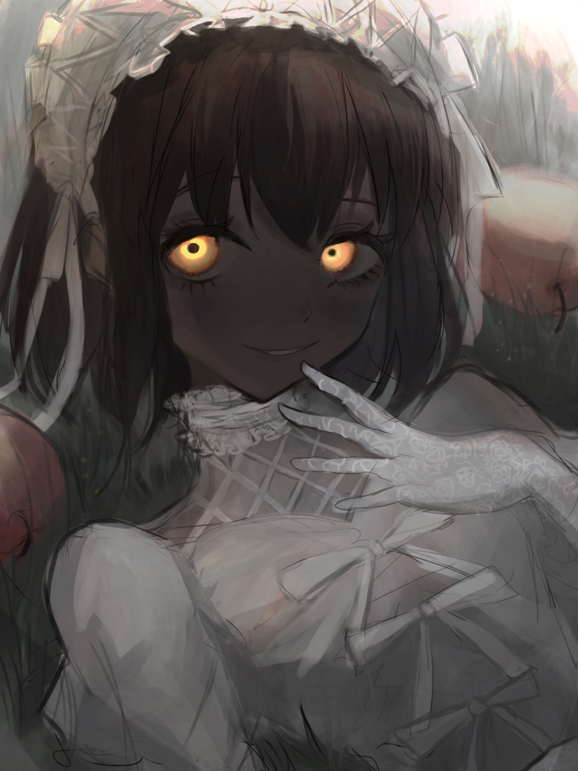 1girl akai_ringo_(eveyuno) black_hair dark-skinned_female dark_skin dress gloves glowing glowing_eyes hairband lace lace_gloves lolita_hairband looking_at_viewer lying on_back original parted_lips short_hair sketch smile solo upper_body white_dress white_gloves white_hairband yellow_eyes