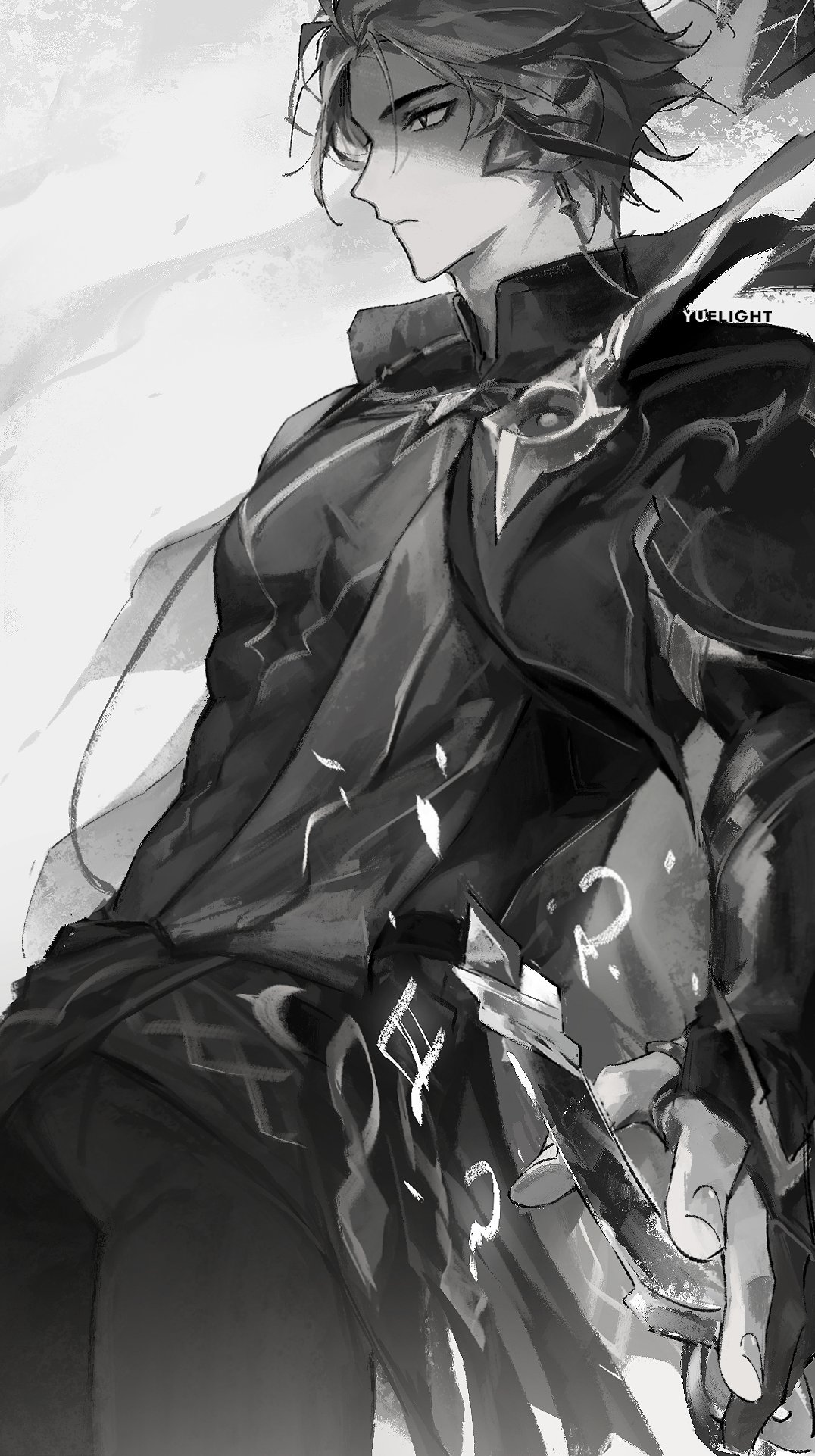 1boy abs alhaitham_(genshin_impact) artist_name closed_mouth compression_shirt detached_sleeves genshin_impact gloves greyscale highres male_focus monochrome pants partially_fingerless_gloves pectorals profile shirt shoulder_cape simple_background solo sword toned toned_male weapon yuelight