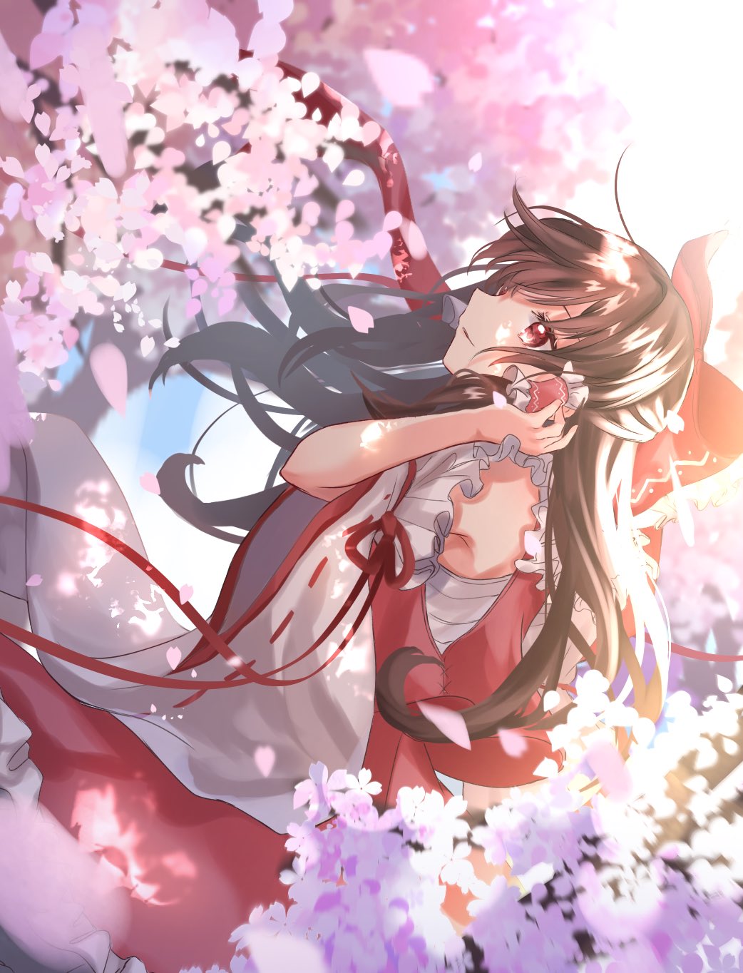 1girl bow brown_hair cherry_blossoms detached_sleeves dress falling_petals flower frilled_bow frilled_hair_tubes frills hair_bow hair_tubes hakurei_reimu hand_up highres long_hair nontraditional_miko petals pink_flower red_bow red_dress red_eyes red_ribbon red_shirt red_skirt red_vest ribbon ribbon-trimmed_sleeves ribbon_trim sarashi shirt skirt sleeveless sleeveless_dress sleeveless_shirt solo touhou vest white_sleeves wide_sleeves yomogi_9392
