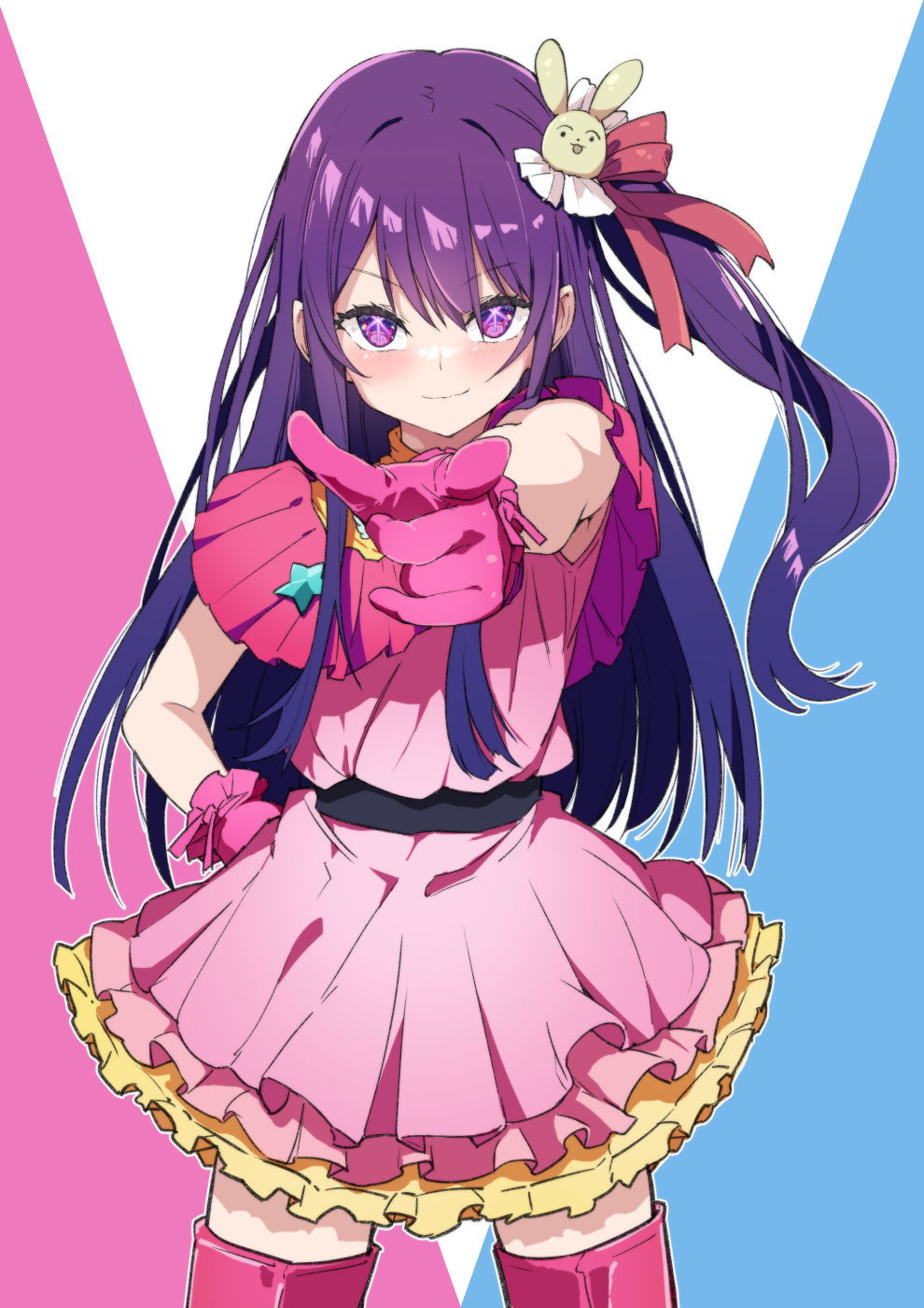1girl blush gloves hair_ornament hand_on_own_hip highres hoshino_ai_(oshi_no_ko) long_hair noa_(nagareboshi) oshi_no_ko pink_gloves pink_thighhighs pointing pointing_at_viewer purple_hair side_ponytail smile solo star-shaped_pupils star_(symbol) symbol-shaped_pupils thigh-highs violet_eyes